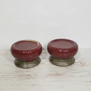 Pair of Ceramic Dripware  Burgundy & Green Pedestal  Pillar Candle Holders